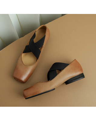 Retro Natural Genuine Leather Ballet Flats Shoes Women Square Toe Handmade Cross Elastic Band Vintage Ballerina Shoe