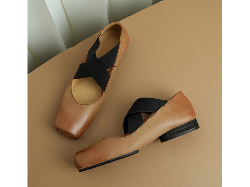 Retro Natural Genuine Leather Ballet Flats Shoes Women Square Toe Handmade Cross Elastic Band Vintage Ballerina Shoe Retro Natural Genuine Leather Ballet Flats Shoes Women Square Toe Handmade Cross Elastic Band Vintage Ballerina Shoe