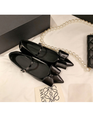 Women Mary Jane Natual Real Leather Flats Sweet Bowknot Pointed Toe Strap Buckle Flat Shoes Lady Dating Office Footwear