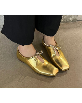 Women Natural Leather Glossy Flats Square Toe Lace-up Neutral Flat Shoes Comfort Shallow Gold  Flats Fashion Lady