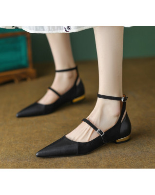 Women Natural Leather Mary Jane Flats Ladies Pointy Toe Ankle Strap Buckle Flat Shoes Kid Suede Elegant Daily Office