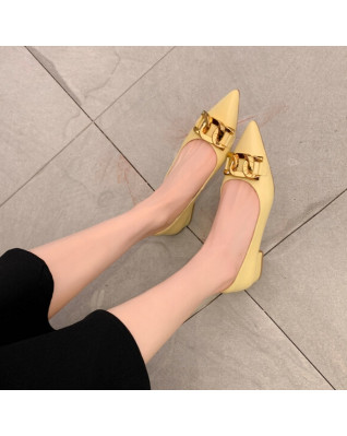Women's Natural Leather Flats Metal Chain Decoration Pointed Toe Shoes Yellow Ladies Footwear Office Daily Sprng