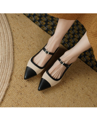 Real Leather Swallow Gird Mixed Colors Flats Women Brand Designer Pointed Toe Buckle Strap Shoes Lady Office Daily Nude