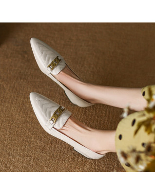 Real Leather Women Metal Chain Flats Ladies Brand Pointed Toe Flat Shoe Elegant Slip-on Daily Dress Footwear Nude Beige
