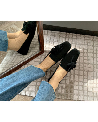 Women Sheep Suede Loafers Square Toe Retro Fringe Flat Shoe Comfort Soft Slipon Nude Tassel Flats Woman Daily