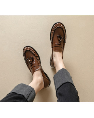 Natural Genuine Leather Loafer Woman Fringe Pleated Round Toe Slip-on Flat Shoes Lady Daily Casual Leisure Tassel Flats