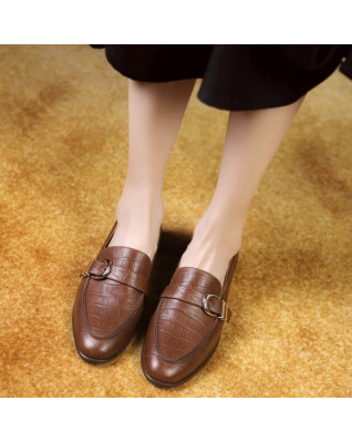  Natural Genuine Leather Loafers Woman Designer Buckle Round Toe Slipon Flat Shoes Lady Daily Casual Leisure Retro Flats