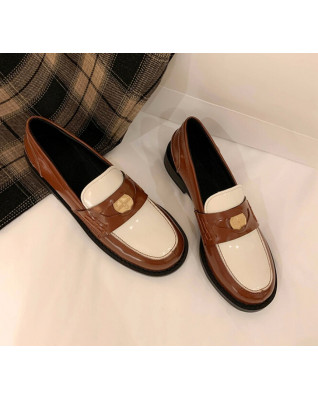 Natural Genuine Leather Penny Loafers Women Mix -color Handmade Metal Decora tion Slip-on Flats Shoe Ladies Spring Autumn
