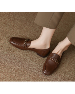 Natural Leather Metal Chain Loafers Woman Brand Designer Round Toe Slip-on Flat Shoe Ladies Daily Leisure Flats Comfort
