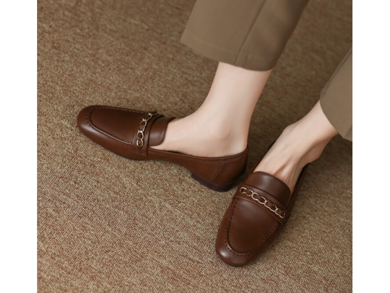 Natural Leather Metal Chain Loafers Woman Brand Designer Round Toe Slip-on Flat Shoe Ladies Daily Leisure Flats Comfort Natural Leather Metal Chain Loafers Woman Brand Designer Round Toe Slip-on Flat Shoe Ladies Daily Leisure Flats Comfort
