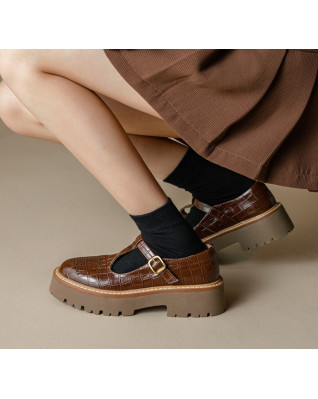 Real Leather T-strap Hollow Loafer Women Chunky Platform Crocodile Print Flats Designer Buckle Strap Daily Leisure Shoe