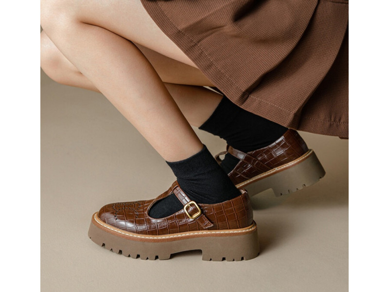 Real Leather T-strap Hollow Loafer Women Chunky Platform Crocodile Print Flats Designer Buckle Strap Daily Leisure Shoe Real Leather T-strap Hollow Loafer Women Chunky Platform Crocodile Print Flats Designer Buckle Strap Daily Leisure Shoe