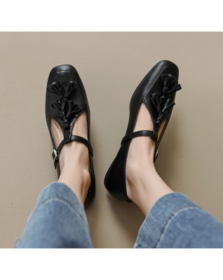 Real Leather Woman Fringe Flat Loafers Ladies T-strap Square Toe Shallow Flat Shoes Casual Leisure Soft Tassel Footwear