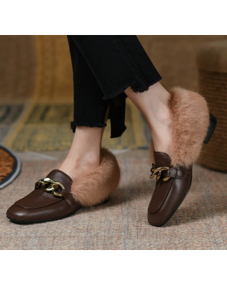 Real Rabbit Fur Gold Metal Chain Loafers Women Black Burgundy Natural Genuine Cow Leather Flats Shoe Ladies Casual Shoe