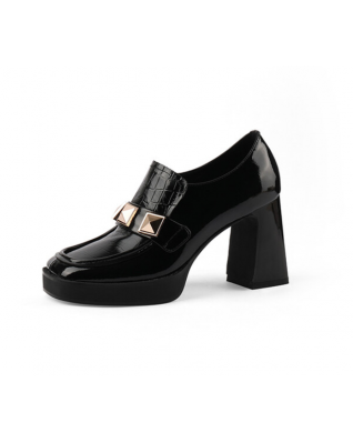 Punk Studs High Heels Shoes Women Square Toe Natural Genuine Patent Leather Black Block Heels Pumps Office Dress Punk Studs High Heels Shoes Women Square Toe Natural Genuine Patent Leather Black Block Heels Pumps Office Dress