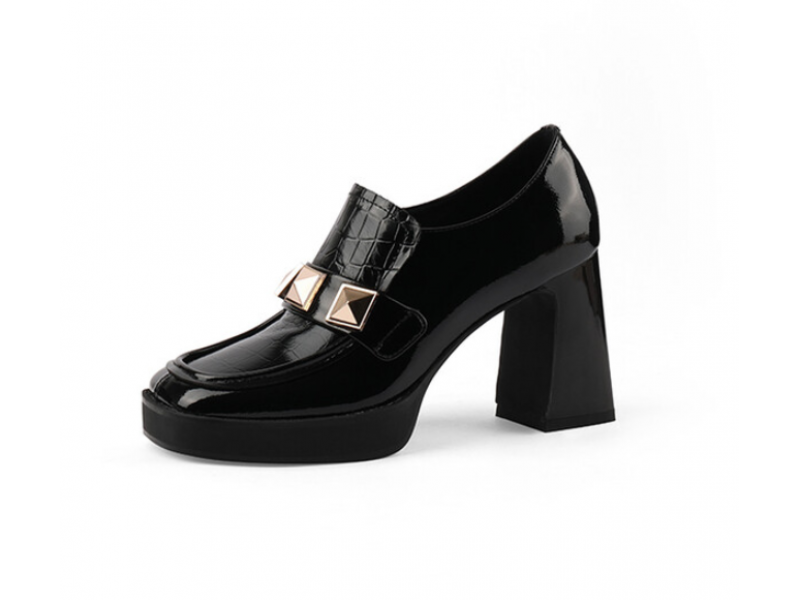 Punk Studs High Heels Shoes Women Square Toe Natural Genuine Patent Leather Black Block Heels Pumps Office Dress Punk Studs High Heels Shoes Women Square Toe Natural Genuine Patent Leather Black Block Heels Pumps Office Dress