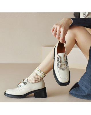 Women Natural Real Leather Pump Loafers Ladies Brand Designer Metal Chain Loafer Shoe Slip-on Square Heel Fashion Pumps Women Natural Real Leather Pump Loafers Ladies Brand Designer Metal Chain Loafer Shoe Slip-on Square Heel Fashion Pumps