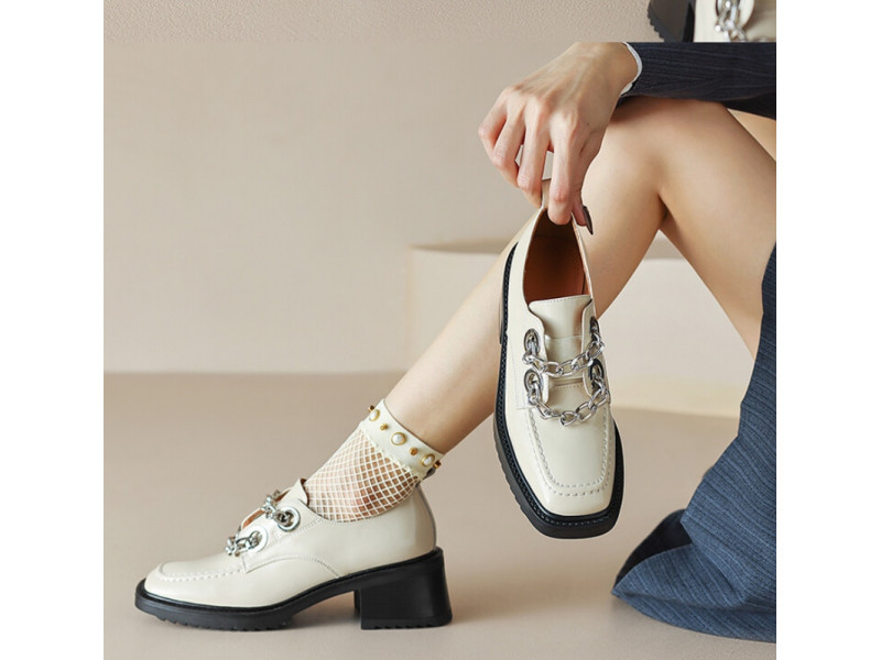 Women Natural Real Leather Pump Loafers Ladies Brand Designer Metal Chain Loafer Shoe Slip-on Square Heel Fashion Pumps Women Natural Real Leather Pump Loafers Ladies Brand Designer Metal Chain Loafer Shoe Slip-on Square Heel Fashion Pumps
