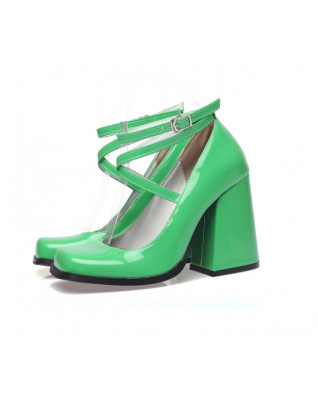 Women Patent Leather Solid Green Pumps Square Toe Thick Super High-Heel Shoes Chic Cross Band Pump Ladies Women Patent Leather Solid Green Pumps Square Toe Thick Super High-Heel Shoes Chic Cross Band Pump Ladies