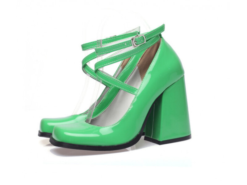 Women Patent Leather Solid Green Pumps Square Toe Thick Super High-Heel Shoes Chic Cross Band Pump Ladies Women Patent Leather Solid Green Pumps Square Toe Thick Super High-Heel Shoes Chic Cross Band Pump Ladies